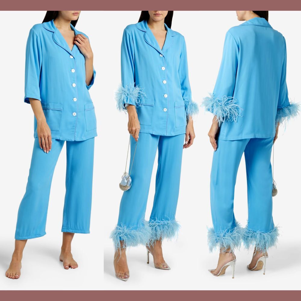 NEW $390 Sleeper [ Medium ] Removable‎ Party Feather Trimmed Pajama Set Blue